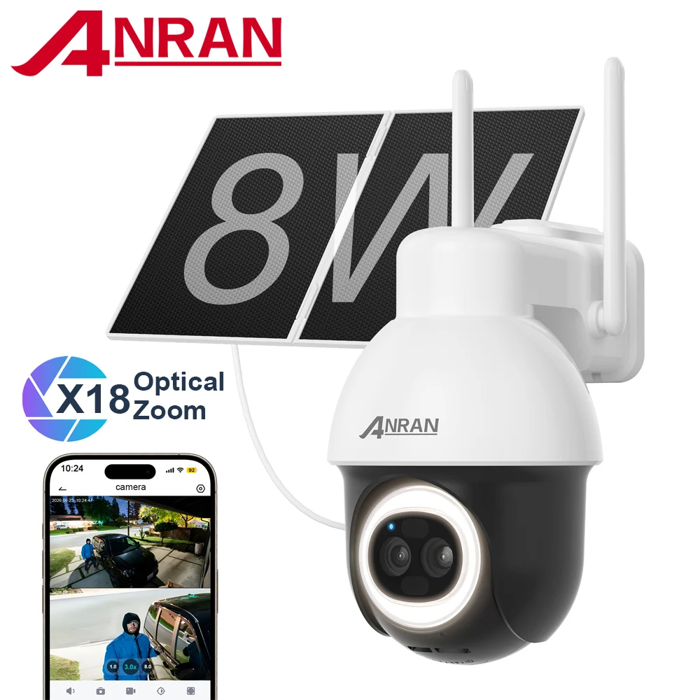 ANRAN 5MP+3MP Dual lens Solar Camera Wide-angle lens AOV 24/7 Recording 2.4G WIFI Camera X18 Optical Zoom,8600mAh Battery