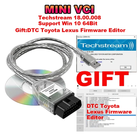 Диагностический кабель Mini VCI для Toyota TIS Techstream V18.00.008 FTDI FT232RL OBD2 (до 2023 г.) с редактором прошивки DTC для Toyota/Lexus