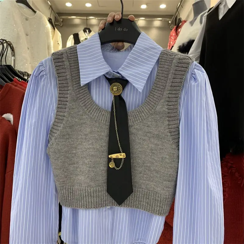 Spring Autumn New Turn-down Collar Long Sleeve Fashion Striped Button Shirt and Solid Color Knitting Slim Vintage All-match Vest