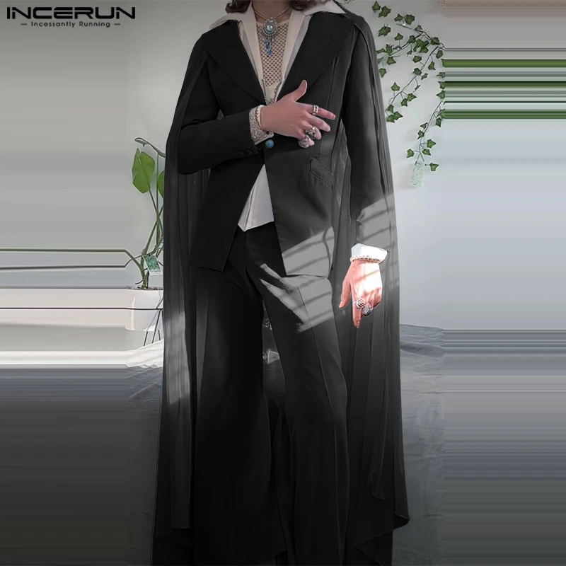 INCERUN Men Blazer Cape Mesh Patchwork Lapel Long Sleeve One Button Casual Male Suits Streetwear Ruffle Cloak Fashion Blazer Men