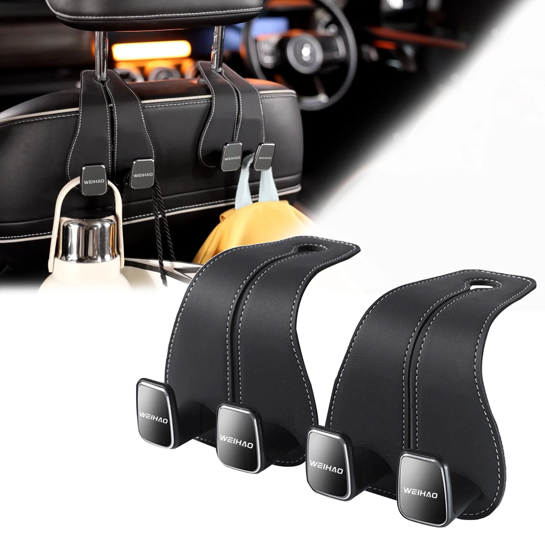 

WEIHAO Car Purse Hook, Leather Back Seat Storage Hook, Double Car Hooks for Headrest, Bag Holder for Car Universal Accessories