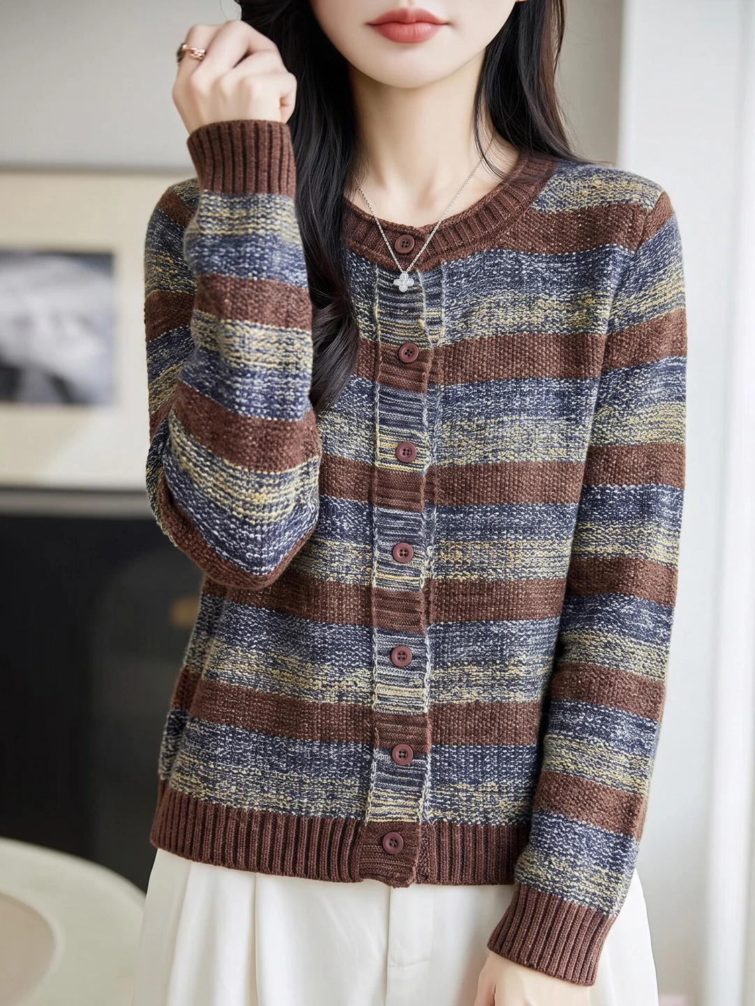 Ladies Loose Knitted Open Cardigan round Neck Color Block Striped Base Shirt Versatile Outerwear Small Size Friendly Top
