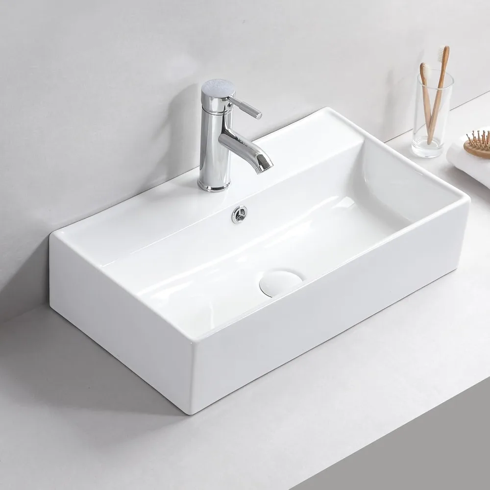

22 Inch Rectangle Ceramic Vessel Sink for Bathroom Vanity, White Art Basin Above Counter