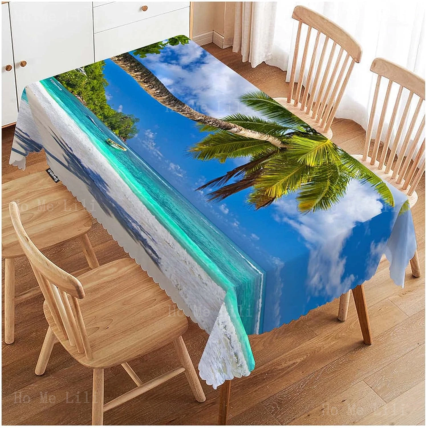 Tropical Beach Paradise Palms Turquoise Ocean Sea Old Courtyard Houses Street Night Cityscape Durable Table Cloth