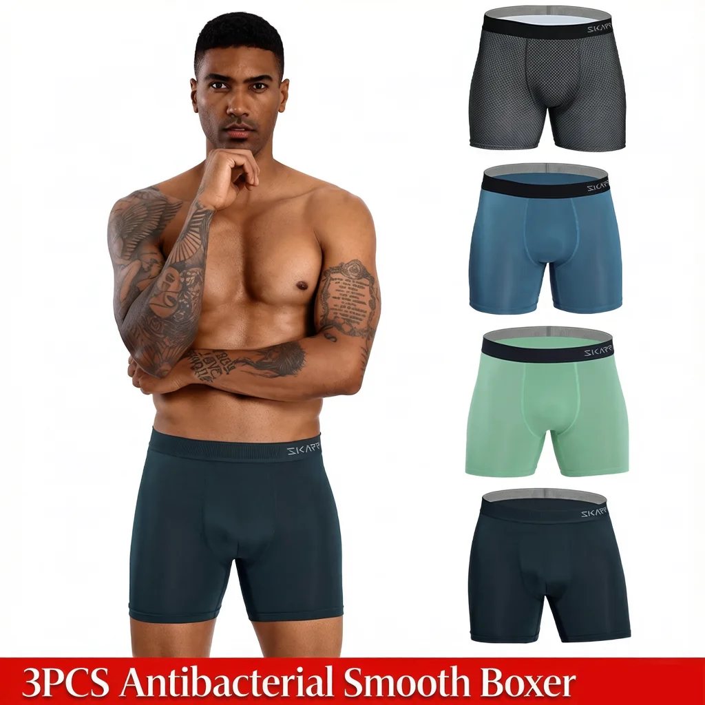3PCS Men's Silk-Like Antibacterial Polyester Underwear Set Soft Wear-Resistant All-Season Boxer Shorts Comfortable Innerwear