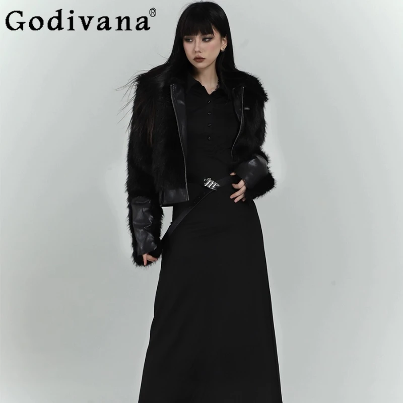 Black One Piece Fur Coat for Women Short Faux Fox Fur Lamb Wool Coat Female Autumn Winter Japanese Style Cosplay Coat