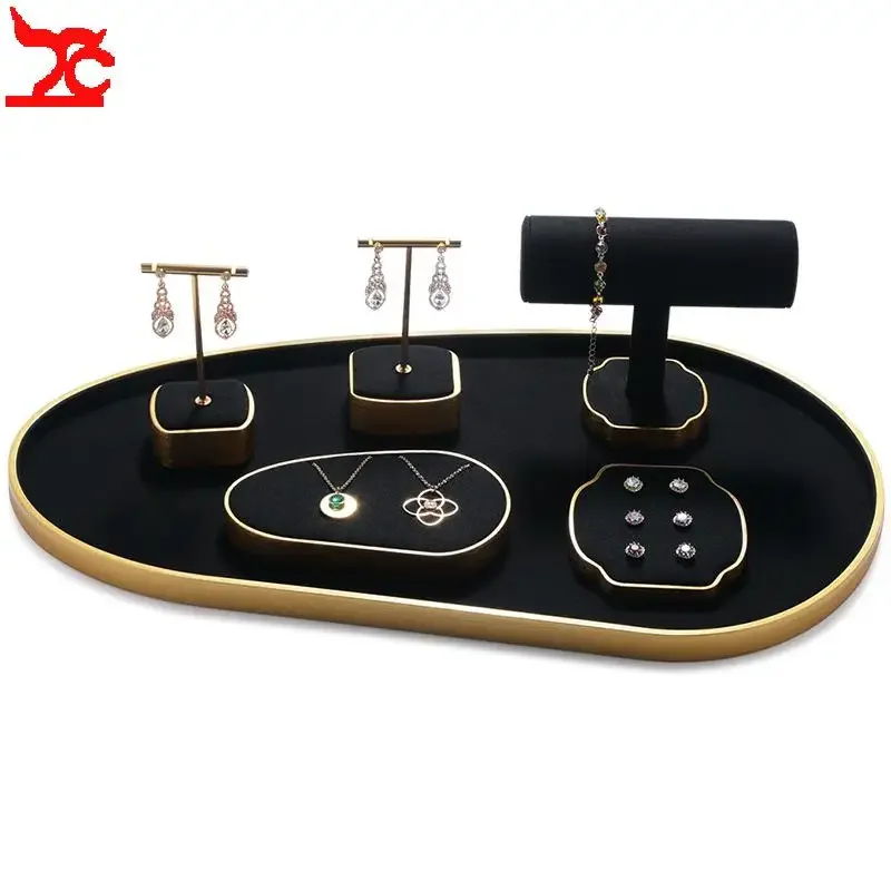 Black Microfiber Set Jewelry Display Props with Golden Frame Ring Bracelet Necklace Organizer Shelf Special Window Display Tray