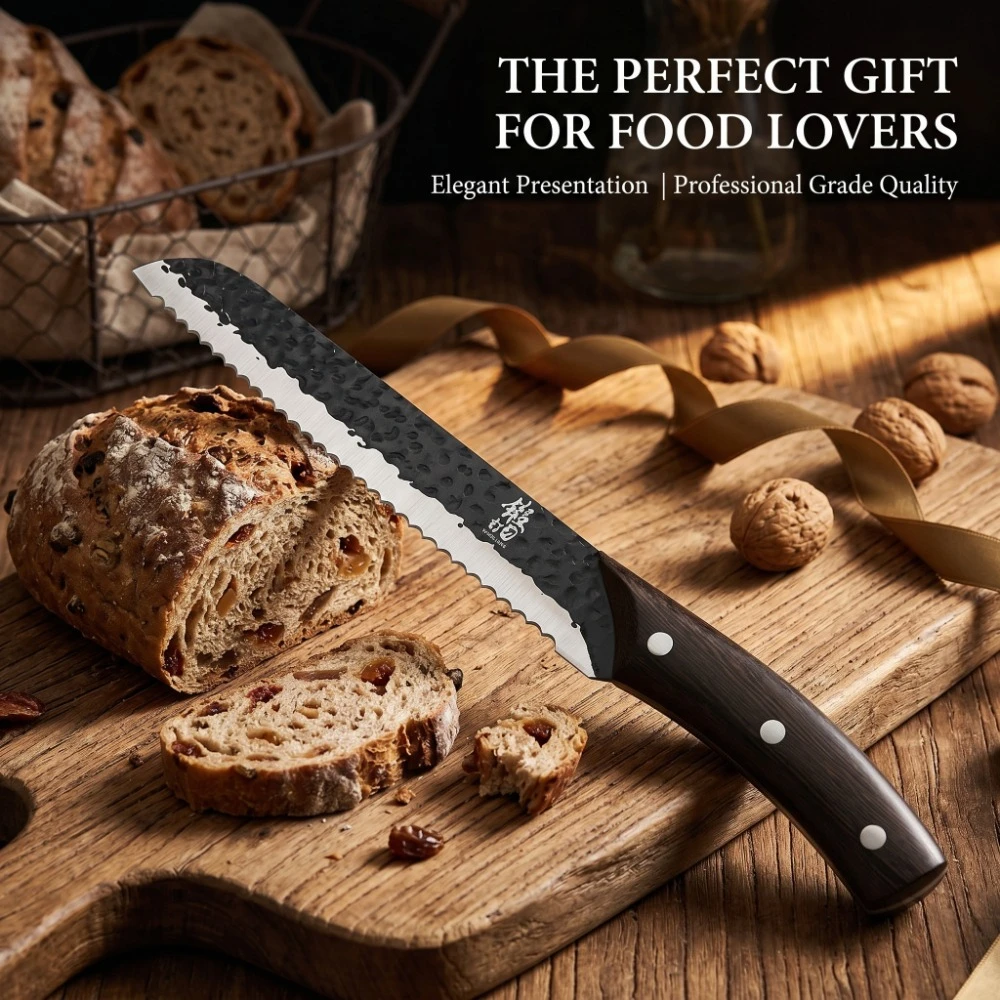 New Hand-Forged Bread Knife Ultra Sharp – Hammered Stainless Steel Full-Tang Wood Handle for Sourdough & Artisan Bread