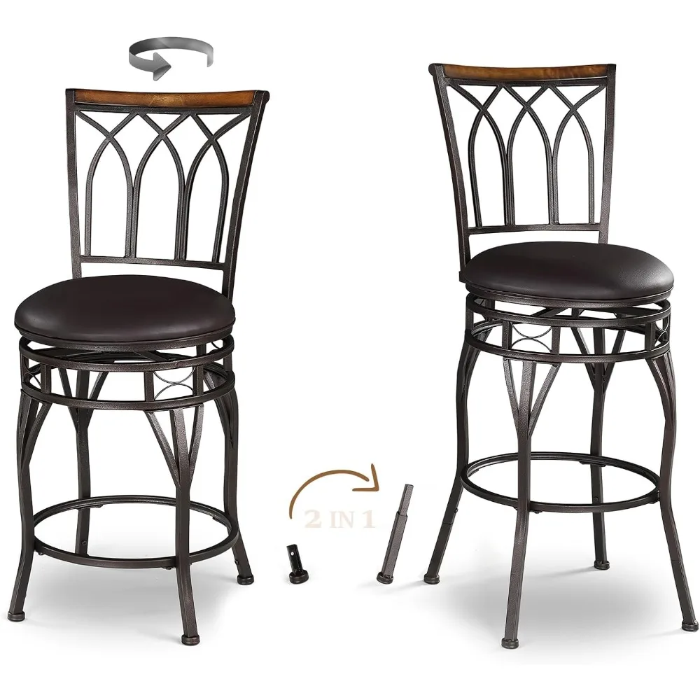 Swivel Bar Stools Set of 2, 24/29 Inch Adjustable Seat Height Bar Stool with Back, PU Leather Kitchen Island Stools for Pub