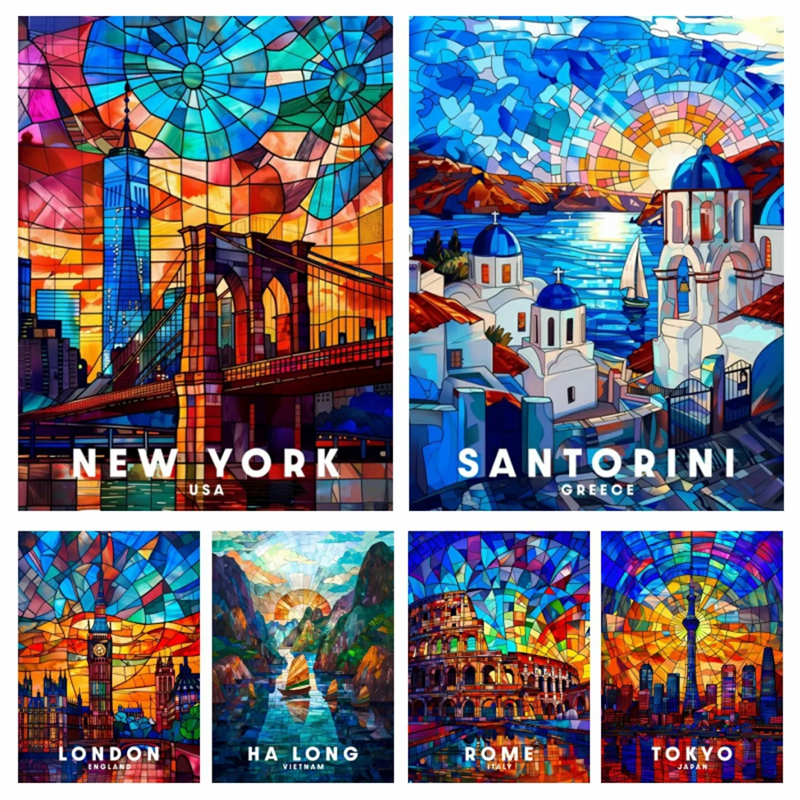 Kits de pintura de diamantes de ciudad de viaje de Londres, Roma, Santorini, Nueva York, arte fotográfico, taladros completos, mosaico, punto de cruz, bordado, decoración del hogar