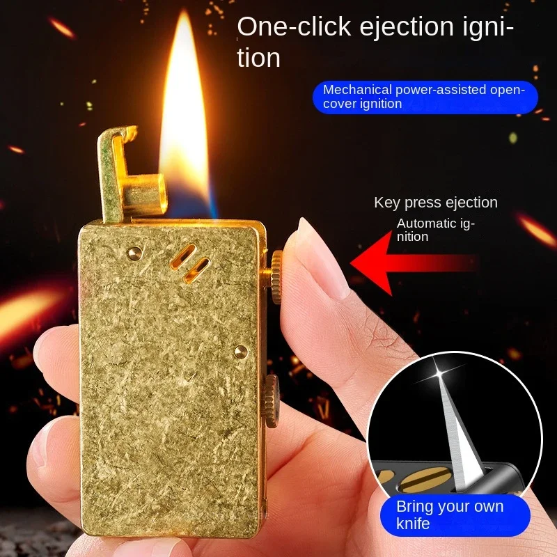 Windproof Ejection Kerosene Lighter Automatic Ignition Creative Retro Grinding Wheel Mechanical Metal Lighter Men\'s Gadgets