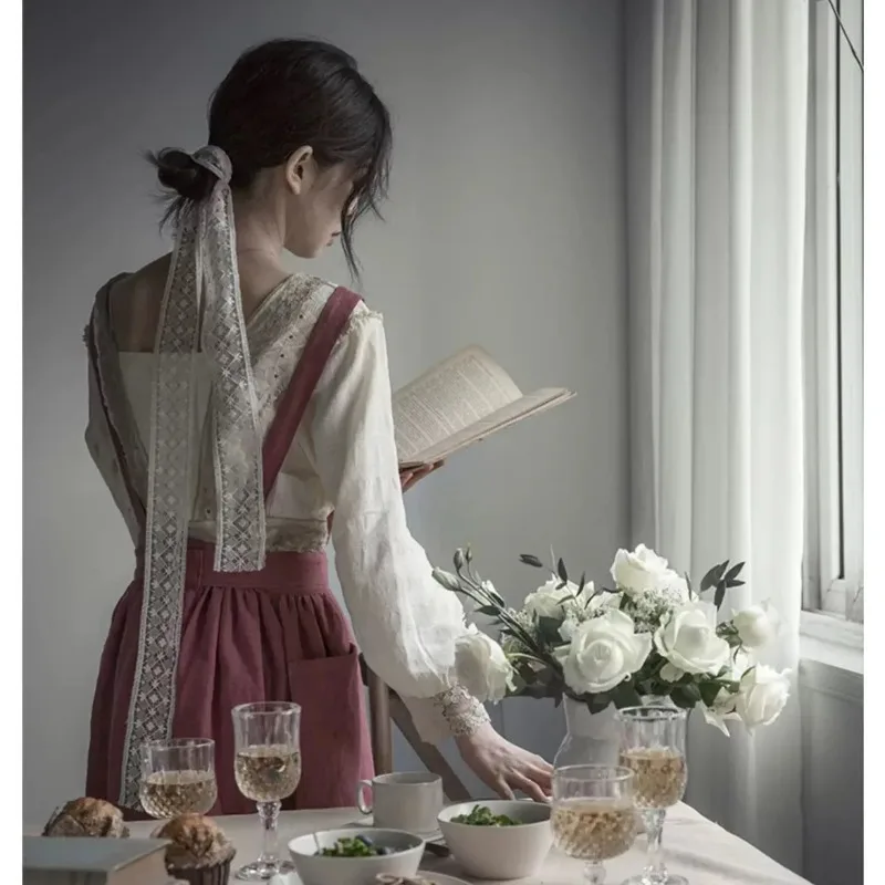New French Pastoral Artsy Cotton‑Linen Vintage Apron, Nordic Solid‑Color Ruffled Apron For Kitchen Baking Florist Working Wear
