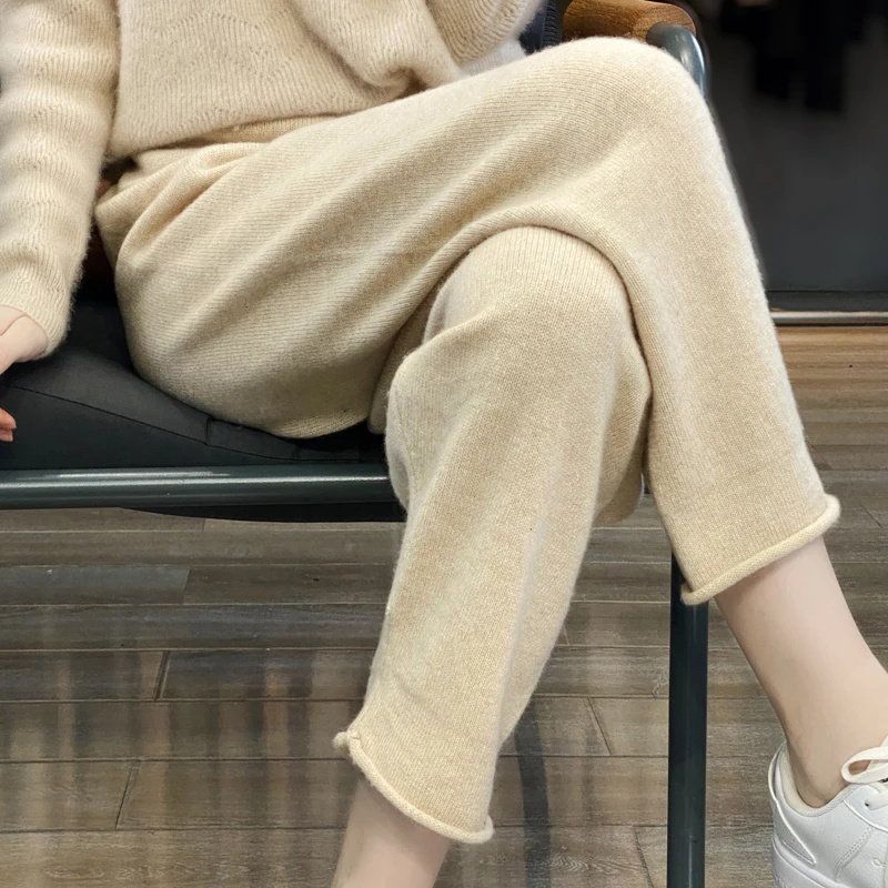Pantaloni in Cashmere monocromatico da donna, abbigliamento esterno imbottito lavorato a maglia, vestibilità ampia, pantaloni dritti, autunno e