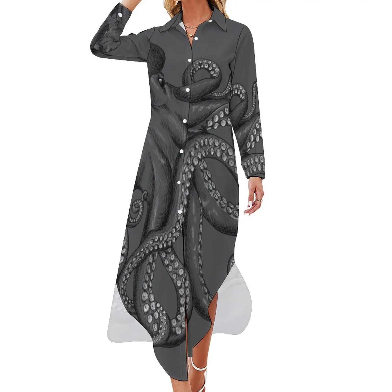 

Realistic Octopus - Two Tone Long Sleeved Shirt Dress women's fashion dresses wedding guest dress 2024 elegant dress