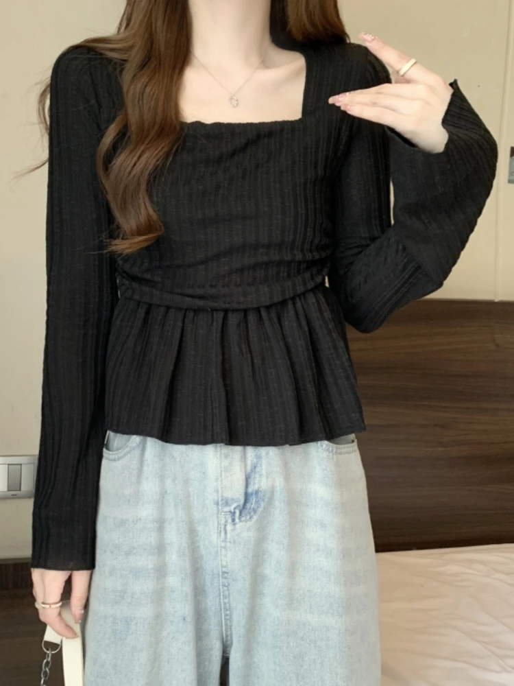 Slimming Short Square Collar Base Shirt Women's Early Autumn plus Size Frock Design Gathered Waist Tunic Top Korean Style Kni...