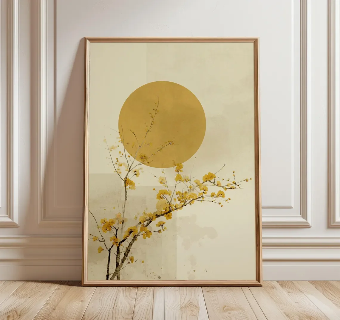 Home Decor Yellow - Minimalist Japanese Wall Art, Yellow Sun