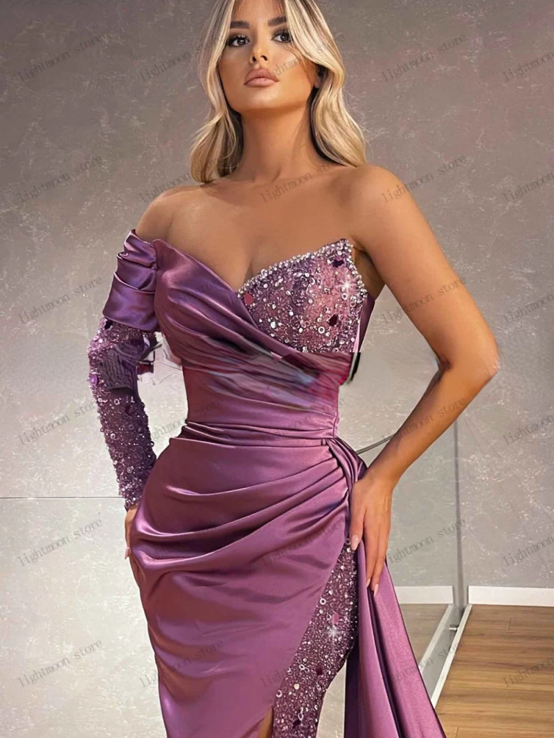 Abiti da sera eleganti Splendido abito da ballo con applicazioni di paillettes Una spalla Sirena Sweep Train Robe Abiti da sera personalizzati