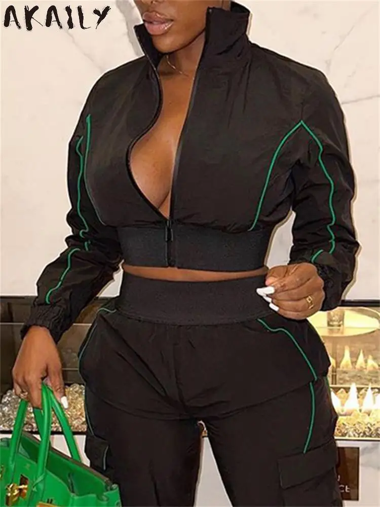 

Akaily Fall Winter Black Zip Up Jackets Streetwear Outfits For Women 2023 Long Sleeve Corset Cropped Casual Sporty Woven Jacket