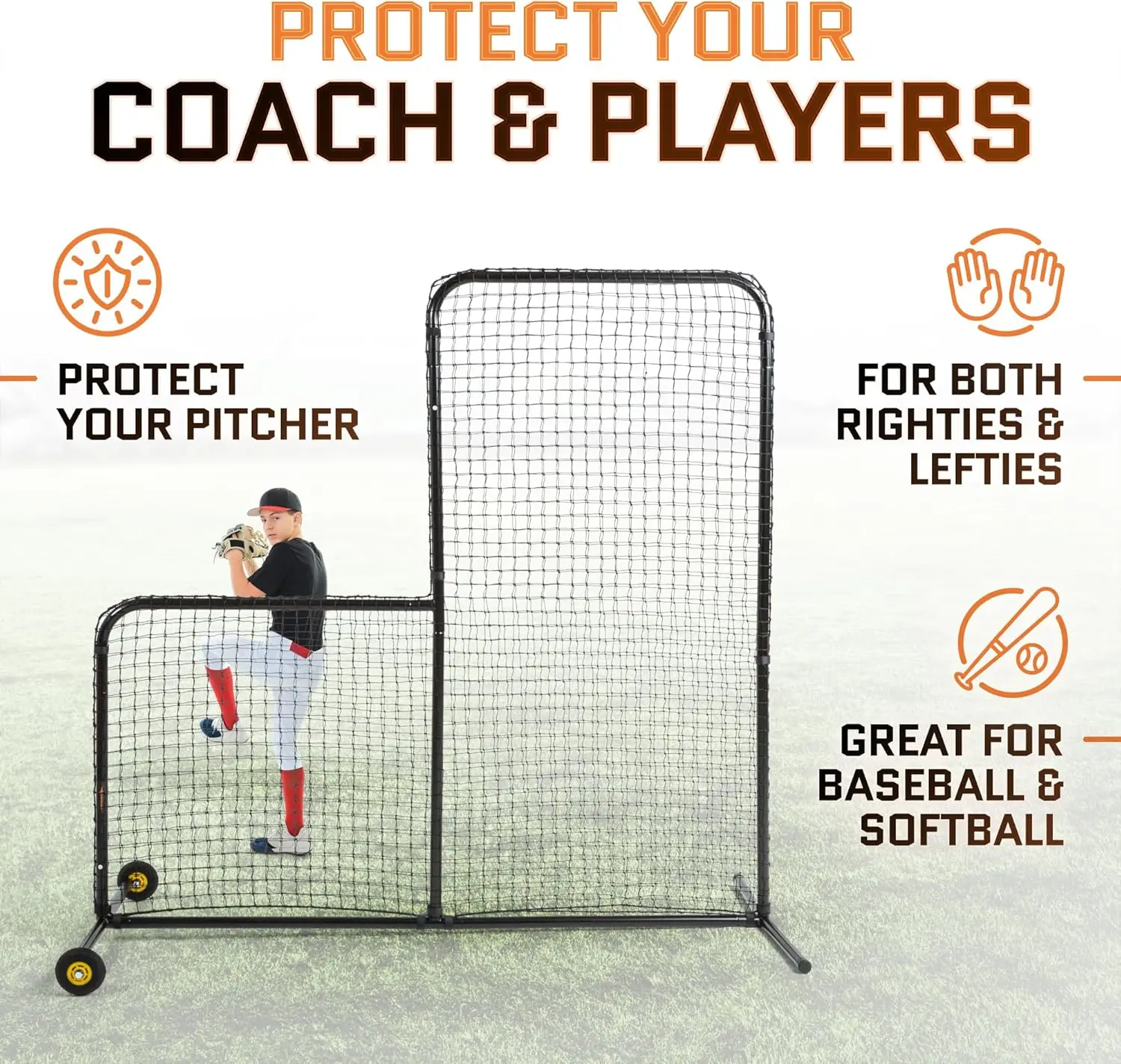 Baseball for Batting Cage | Baseball Pitching Net with Wheels-7 feet by 7 feet, 3.5 Inch by 3.5 Inch Cutout, Body Protector for