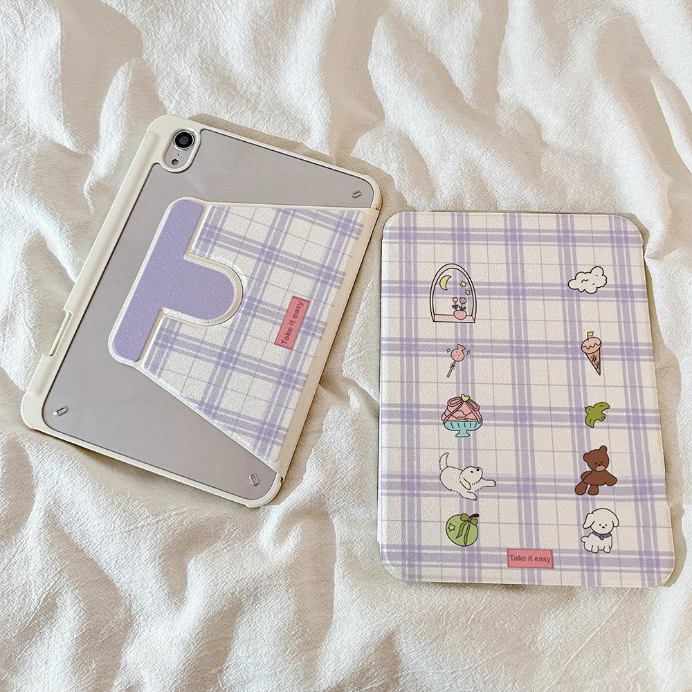 Cute Purple Plaid Animal Tablet Case For iPad Pro 11 12.9 13 A16 M2 M4 M3 M5 Shell 10.2 5/6/7/8/9/10/11th Mini Air 3 4 5 6 Cover