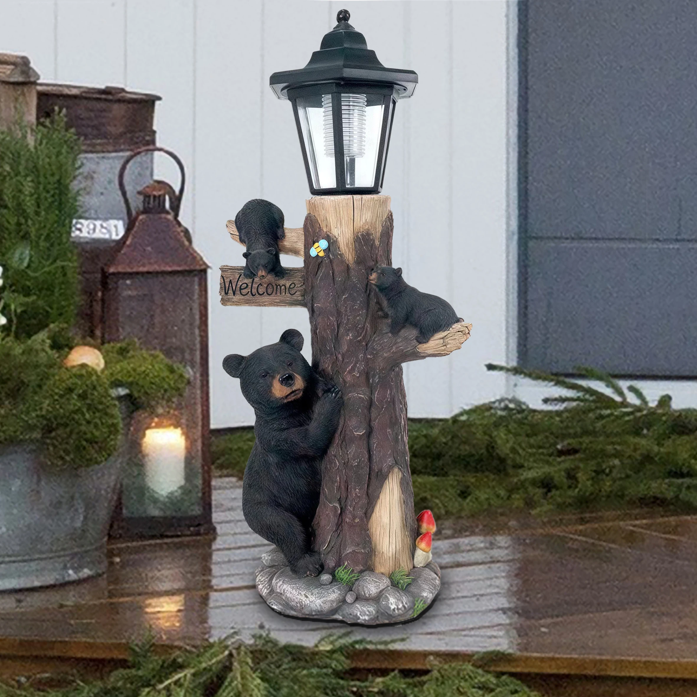 Bear Statue Welcome Sign Garden Statue With Solar Lights, 19 Inches Resin Bear Family On The Tree