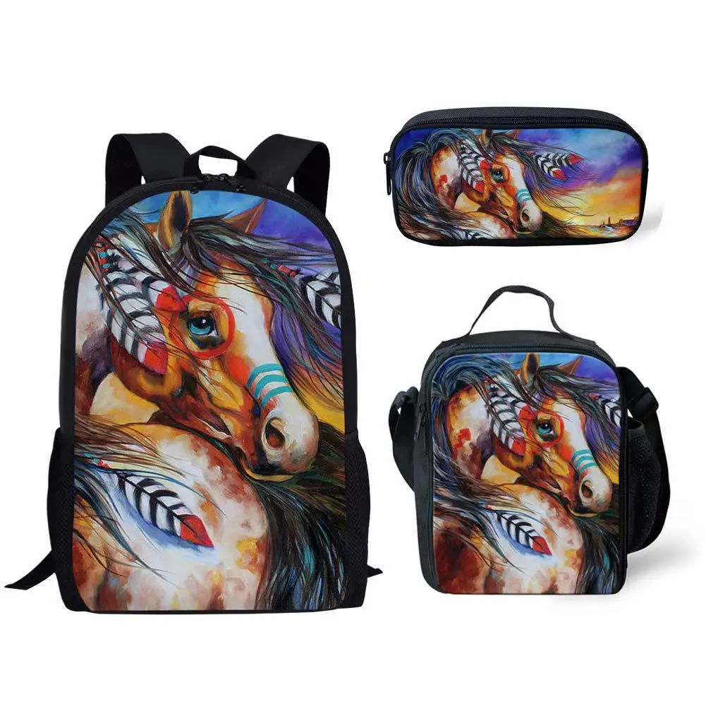 Luxury Novelty Cool Tribal Colored Horses 3D Print 3pcs/Set pupil School Bags Laptop Daypack Backpack Lunch bag Pencil Case