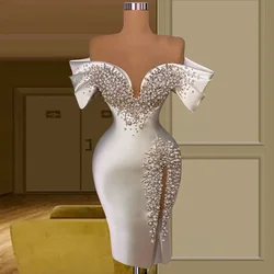 Knee Length Prom Dresses For Women Off Shoulder Side Split Luxury Pearls Crystals Cocktail Dress 2024 Wedding Evening Party Gown