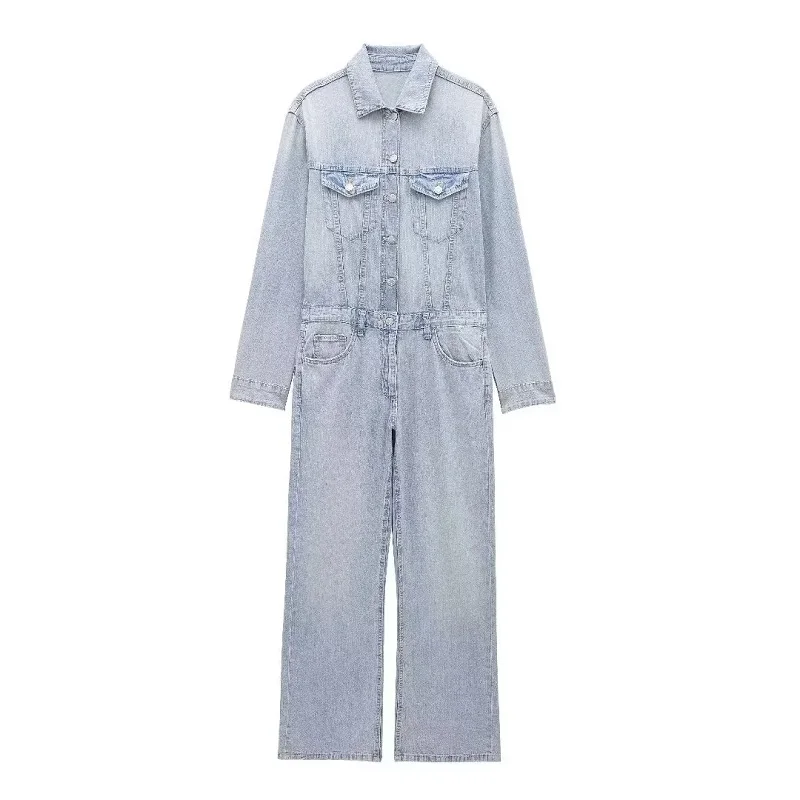 TRAF Denim Women Jumpsuit Long Sleeves Button Pocket Lady Jumpsuits New In 2024 Spring Summer Fashion Casual Women Clothing