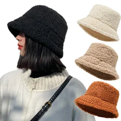 Winter Warm Bucket Hats Lamb Wool Faux Fur Fisherman Caps Women Thicken Plush Hats Outdoor Keep Warm Fishing Caps Unisex