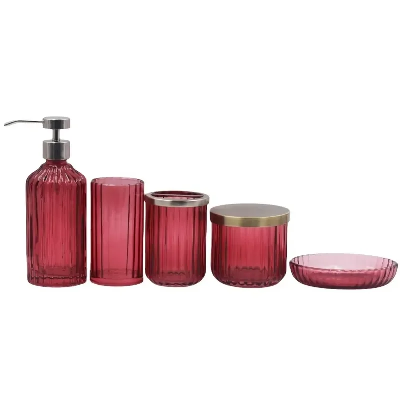 5 Piece Red Bathroom Set Hotel Accessories Customized Colored Luxury Glass Bath Kit