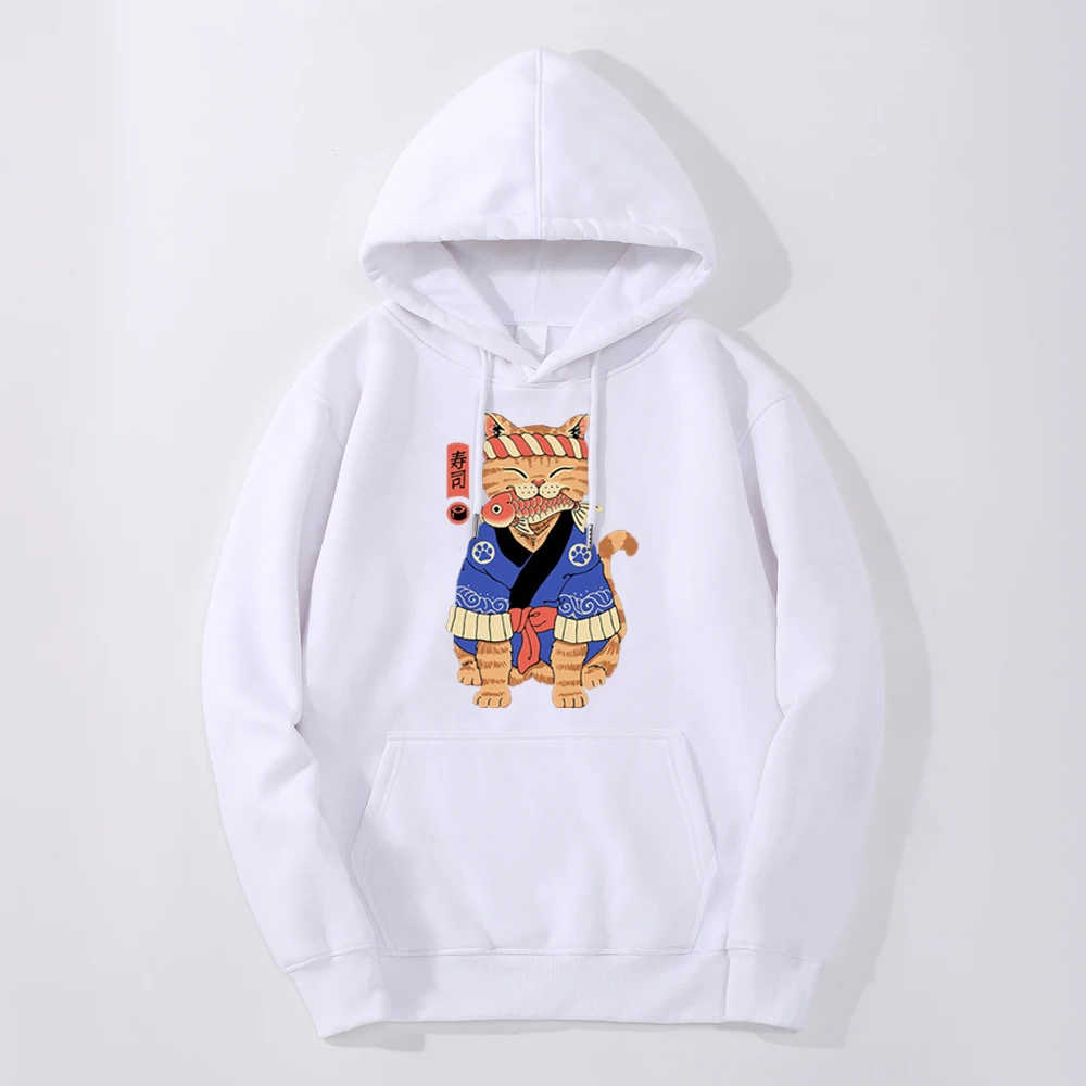 Cute Kawaii Japnese Sushi Cats Anime Animal Winter Men's Fashion Print Hoodies Sweatshirt Fleece Cool Top Loose Pullovers