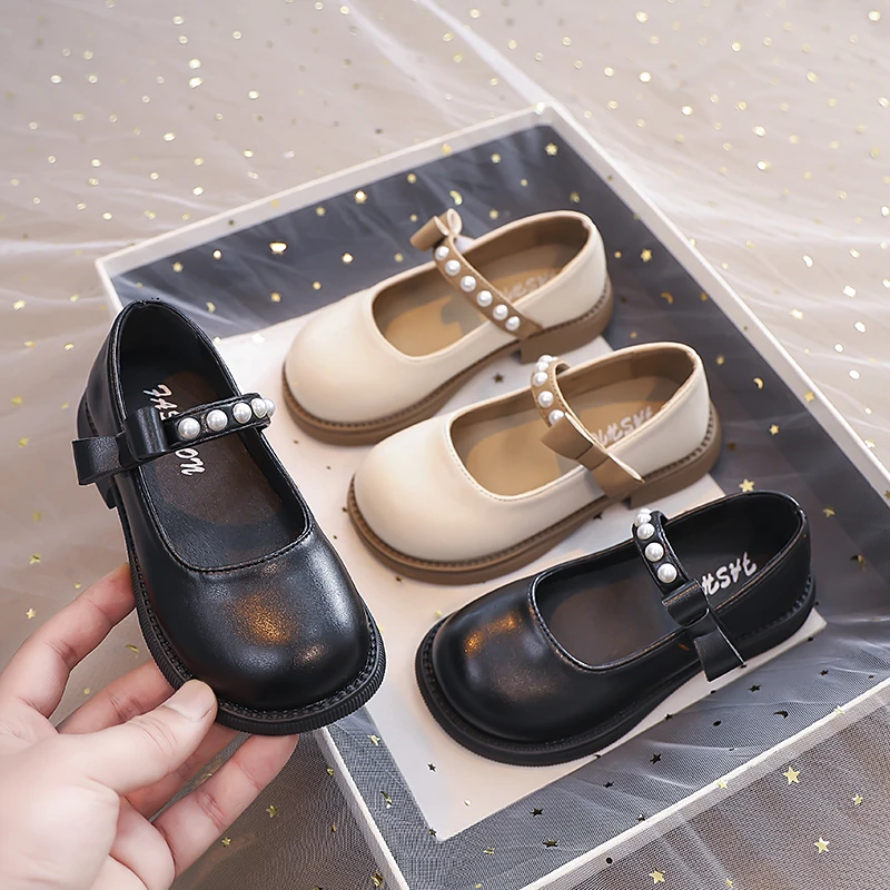 Beaded Strap Leather Shoes for Girls 2025 New Autumn Toddler Dress Shoes with Bow Soft Sole Elegant Girls School Mary Jane Flats
