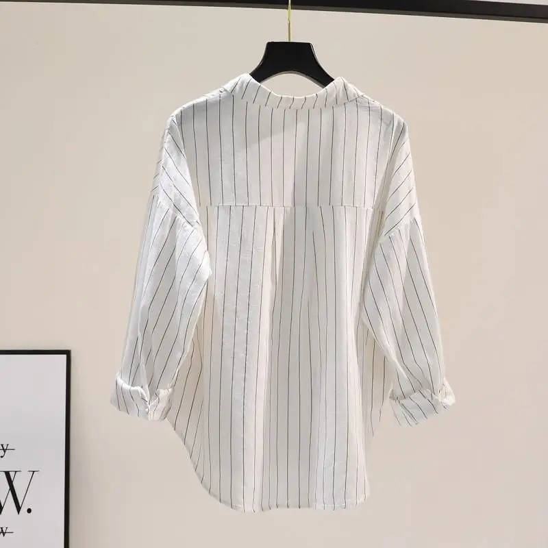 Spring Summer New Vertical Stripe Long Sleeved Pure Cotton Shirt for Women\'s Loose Slimming Casual Versatile Korean Edition Top