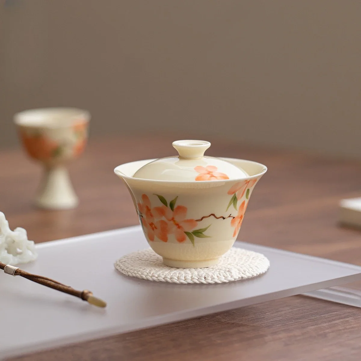 100ML Underglaze Color Pure Hand-painted Ercai Cover Bowl Women's Household Ceramic Small Tea Bowl Kung Fu Tea Maker Ornaments