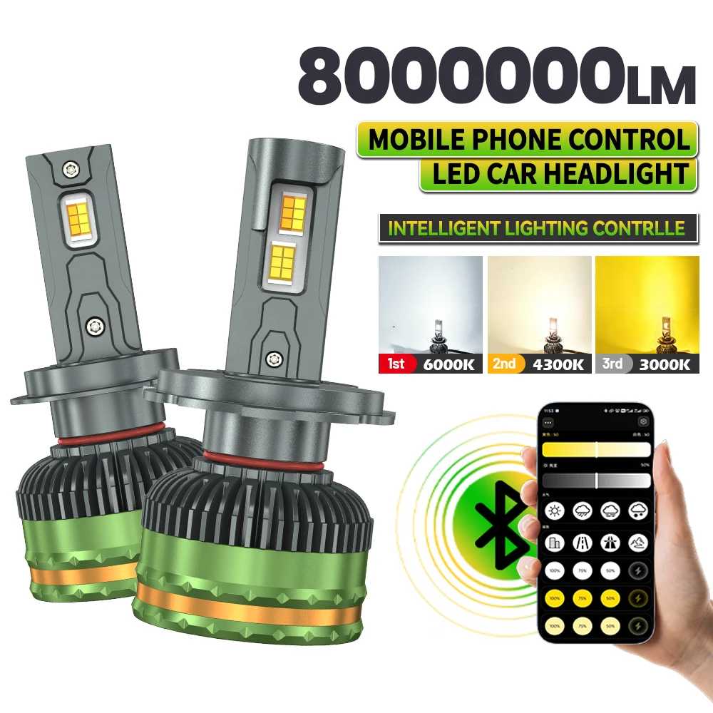 8000000LM H4 H7 H11 LED Headlight H1 HB3 9005 HB4 9006 Bluetooth APP Control 3000K-6500K Auto Bulbs LED Light for Car Headlights