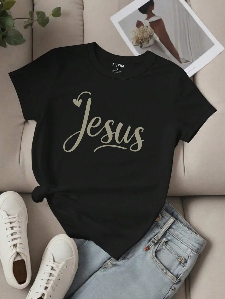 

Plus - Size Tee with “Jesus” Graphic & Small Heart