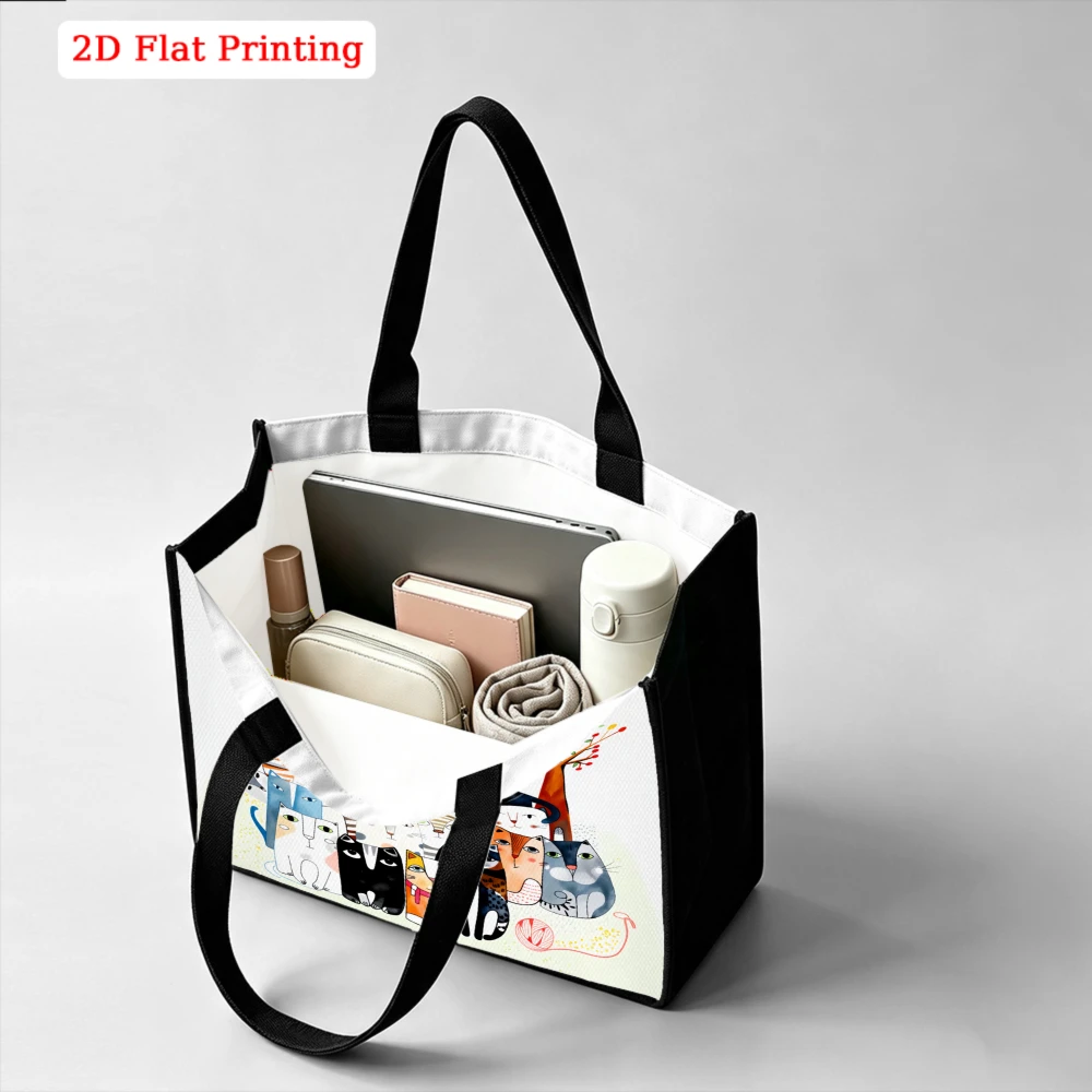 Cute Watercolor Multi Cat Family Tree Bird Print Large Tote Bag, Whimsical Art Aesthetic Handbag for Cat Lovers Commute Shopping