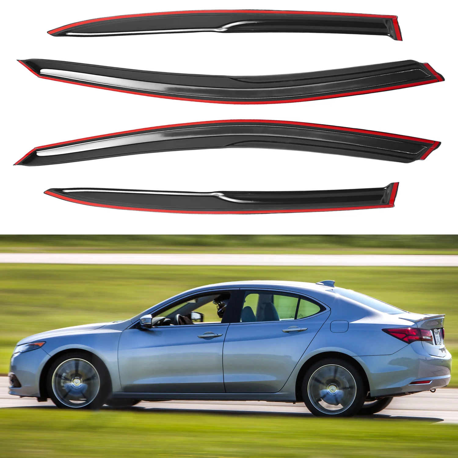 

For Acura TLX 2015-2020 External Wind Deflectors Tinted 4pcs Set with Water Channels 1.5MM Thickness Boxed