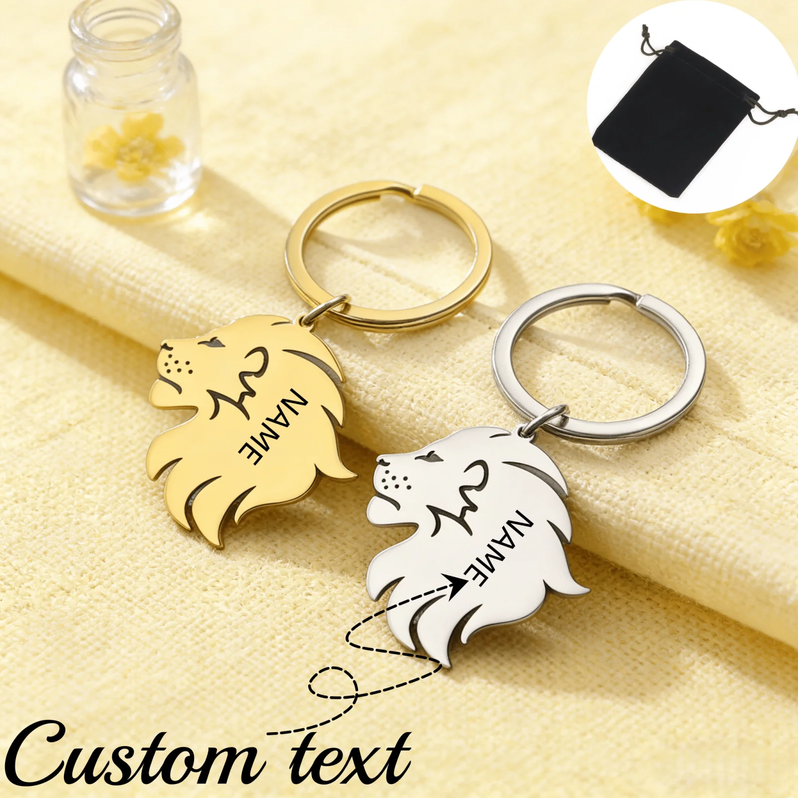 Personalisierter Namens-Text Löwenkopf Schlüsselanhänger Edelstahl Punk Tier-Totem Tierkönig Schlüsselanhänger Hip-Hop Mode Schmuck Geschenk