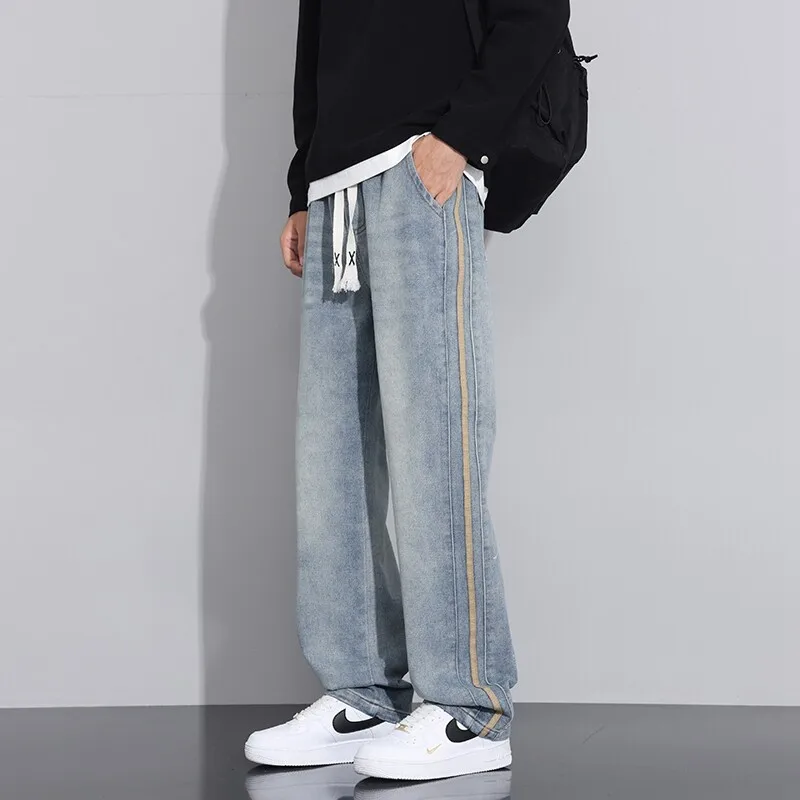New Men's Striped Cotton Denim Pants 2026 Spring Autumn Loose Casual Jeans Drawstring Trouser Youth Streetwear Straight Leg Pant