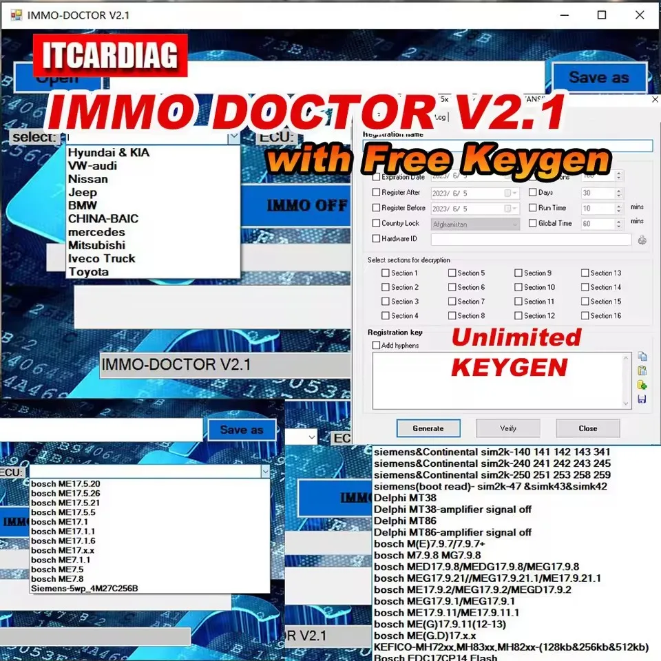 

2023 IMMO DOCTOR V2.1 с неограниченным KEYGEN, программное обеспечение для работы с ECU и чип-тюнингом для различных марок (Immo Off), совместимость с sim2k, MT38, ME 17.9.2, MED17.9.8