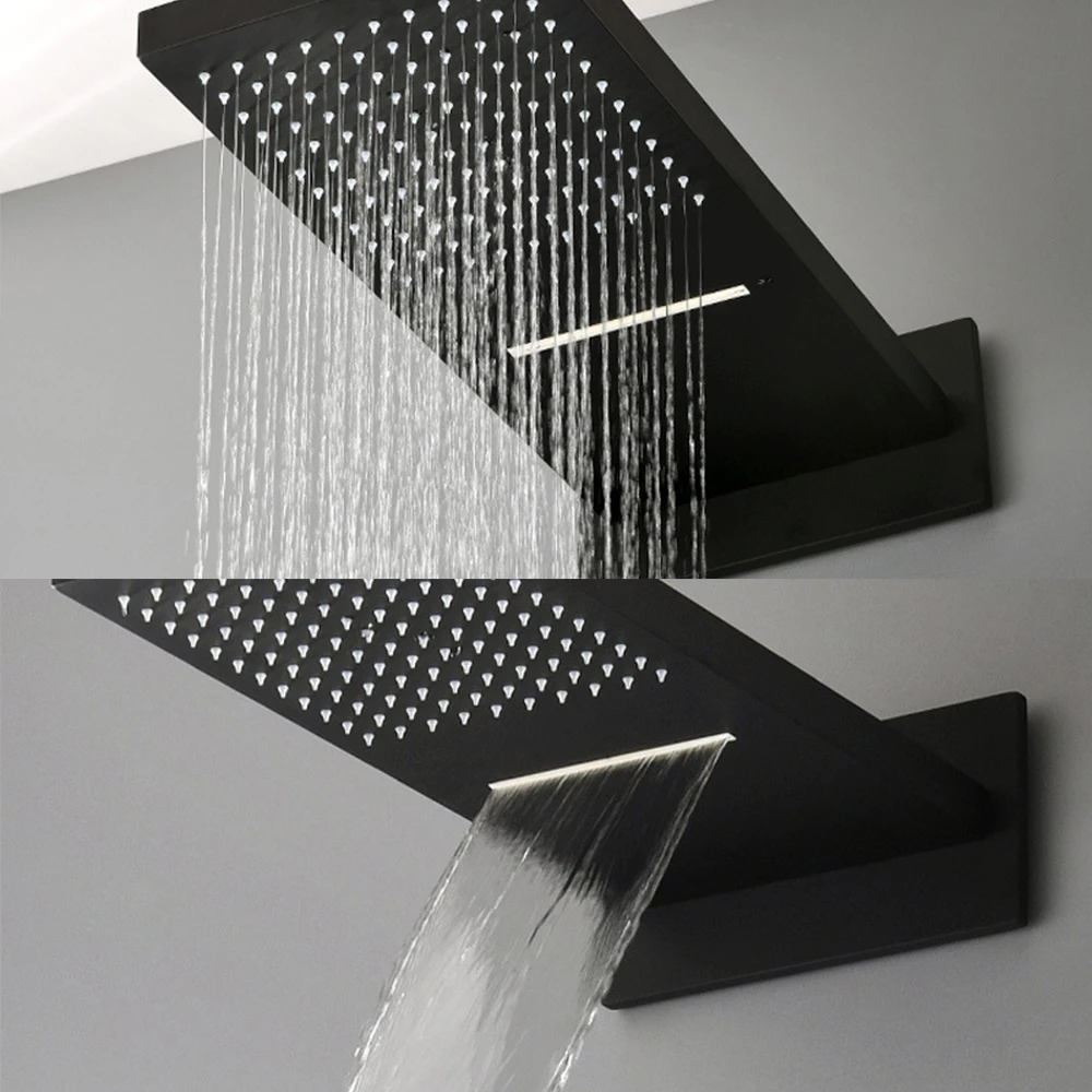 KEMAIDI Black Shower Head Rainfall Waterfall Shower Head LED Bath Shower Spray Bathroom Square Top Over Spray Black/brushd gold