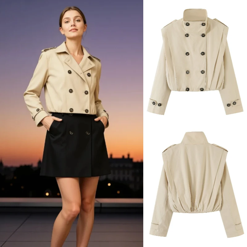 Women's Trench Coat 2026 Autumn New Fashion Street Style Stand Collar Double Breasted Long Sleeve Outerwear