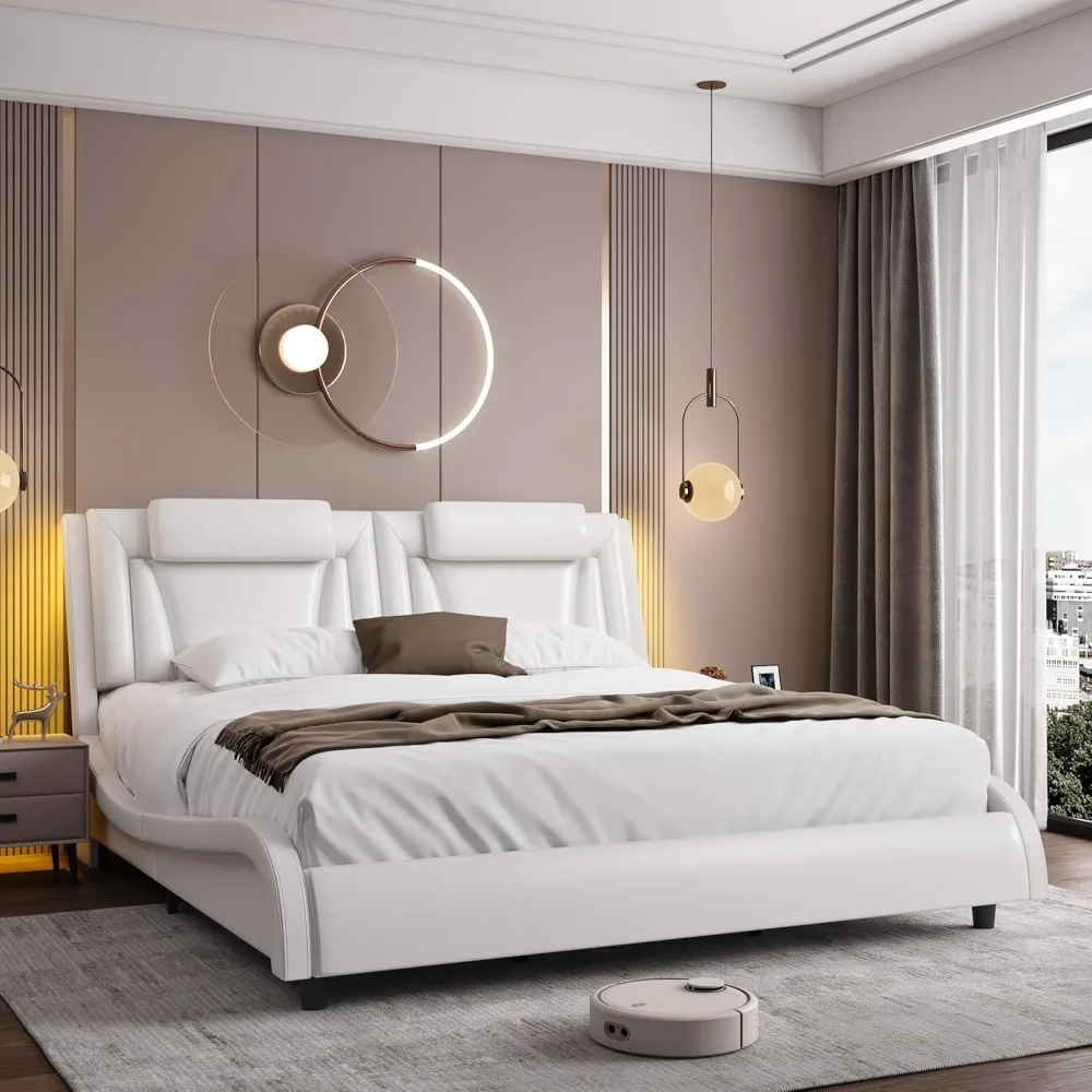 with Adjustable LED Headboard, Pu Leather, Wave-Like Curve Design and Solid Wooden Slats S Keyluv Upholstered Platform Bed Frame