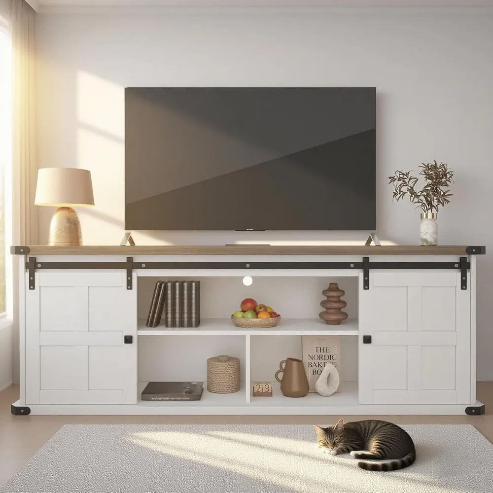 

70 Farmhouse TV Stand for 80/75/70 Inch TVs,Entertainment Center Storage Cabinets w/Power Outlets and Sliding Barn Door,R