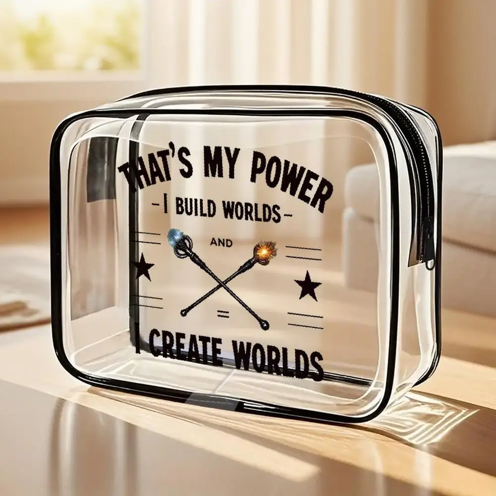 

Crossed Magic Wands Clear Pvc Zipper Makeup Organizer Bag Retro Typographic Design with Black Star for Women Summer Travel Bag