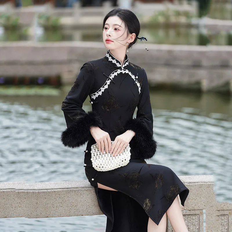 Preto grosso inverno estilo chinês manga longa cheongsam 2025 novo melhorado jovem feminino retro outono qipao vestido