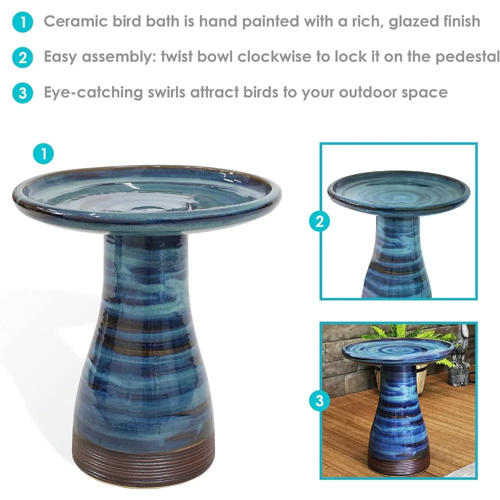 Ceramic Bird Bath for Outside - Hand-Painted Outdoor Bird Bath Bowl, Galaxy Blue