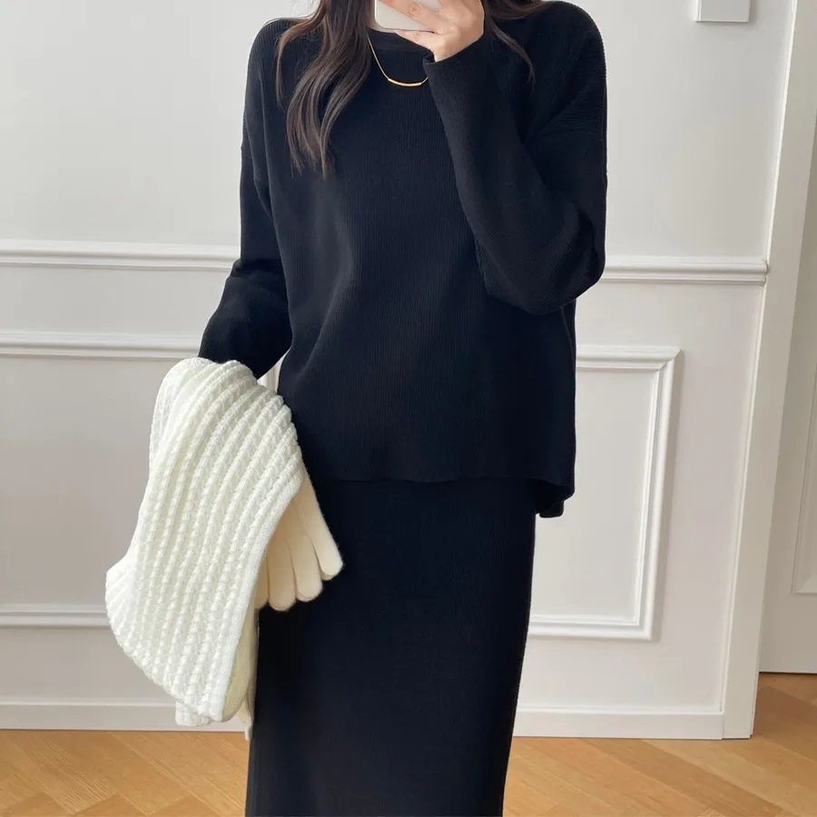 سترة تريكو نسائية لخريف وشتاء سترة فضفاضة للغاية على شكل حرف a طويلة Dr مكونة من قطعتين تأثير التخسيس مجموعة أنيقة