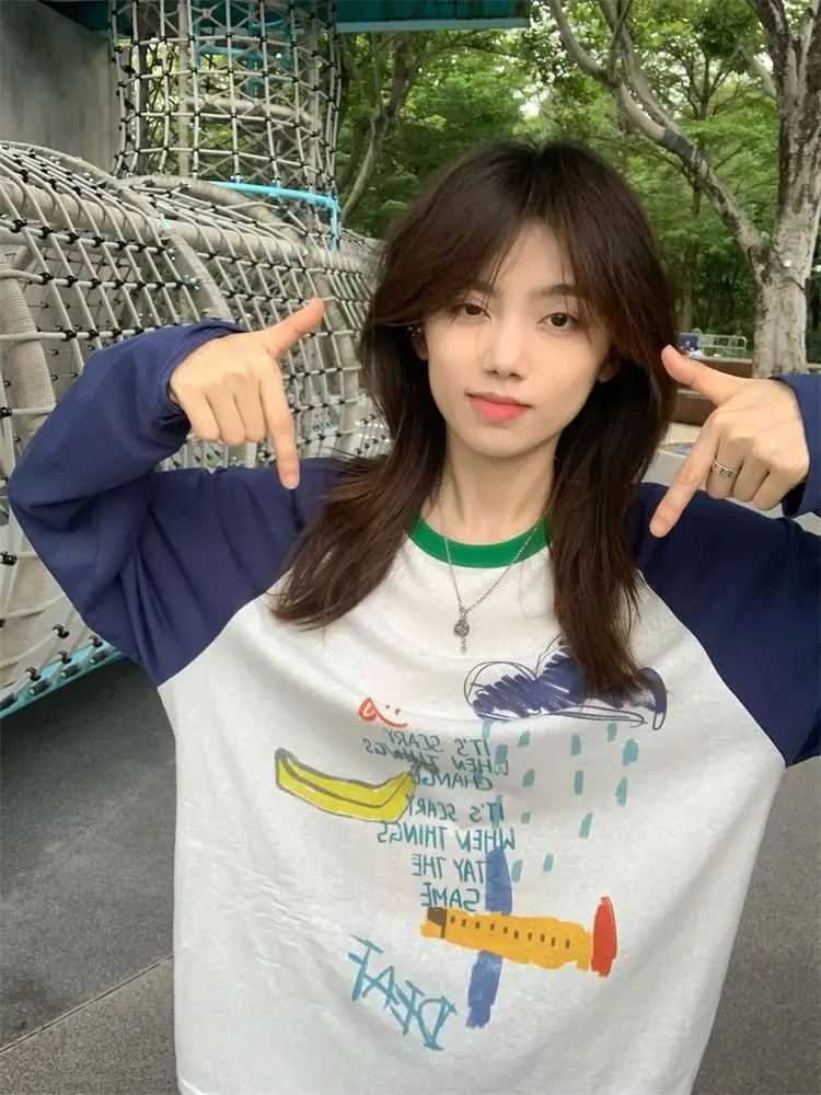 American Retro Contrasting Raglan Sleeves Cartoon Fun Letter Graffiti Print Sunscreen Long Sleeved T-shirt Loose Cover